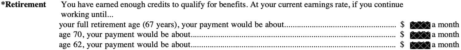 Estimated Social Security benefits at ages 62, full retirement age, and 70
