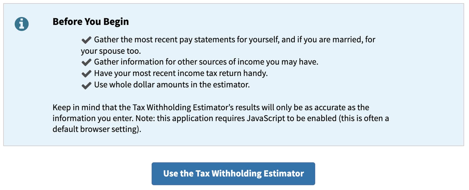 The IRS Tax Withholding Estimator start screen